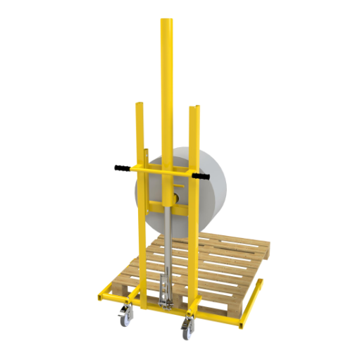 RL8 pallet straddle reel lifter, pallet compatible reel trolley, wide base reel handler